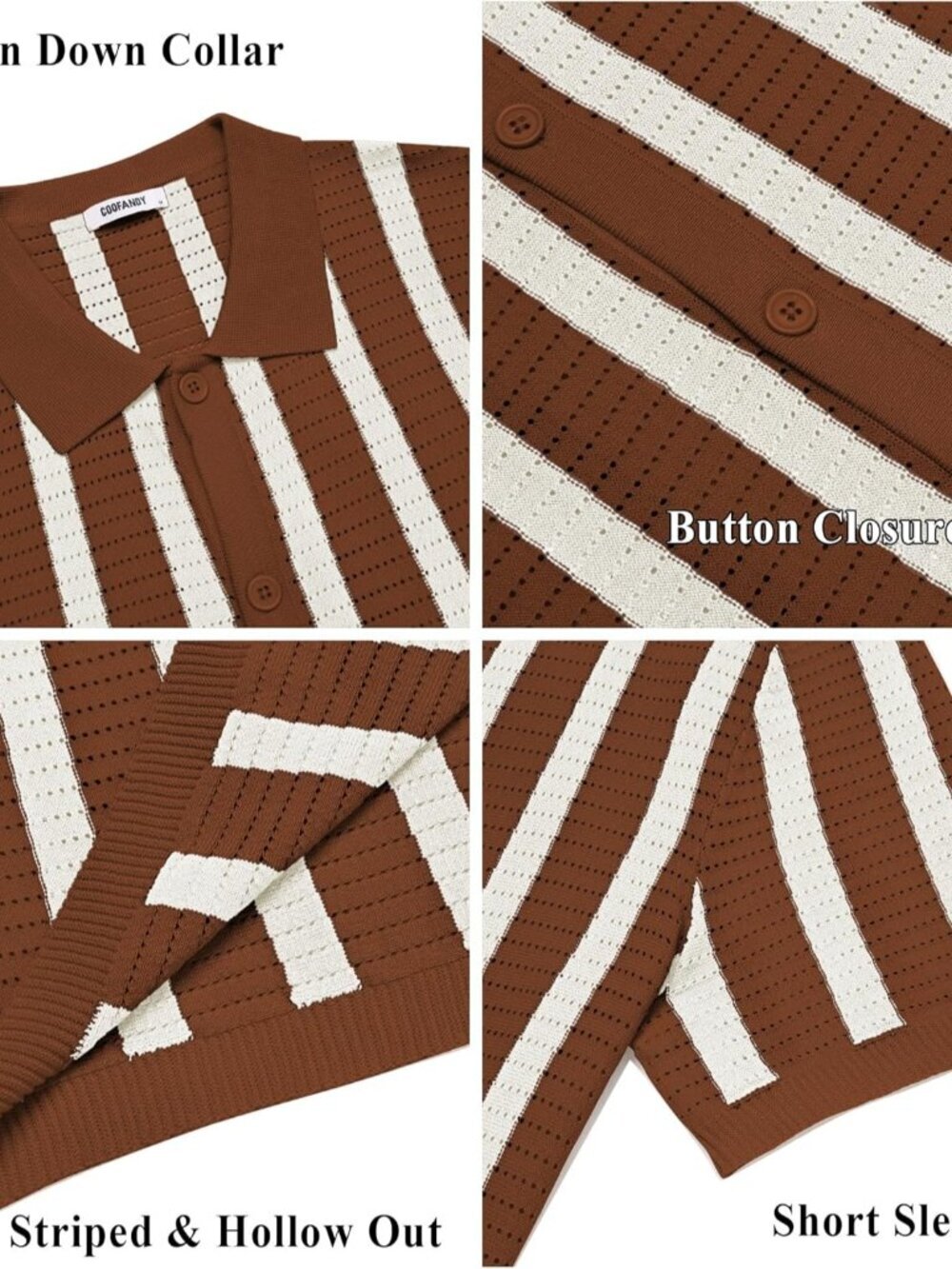 Men's Caramel & Beige Knit Striped Polo Short Sleeve Summer Beach Casual Shirt - Picture 6 of 6